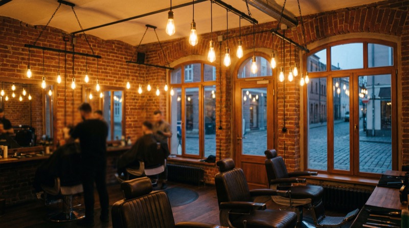 Barbershop interior with warm lighting